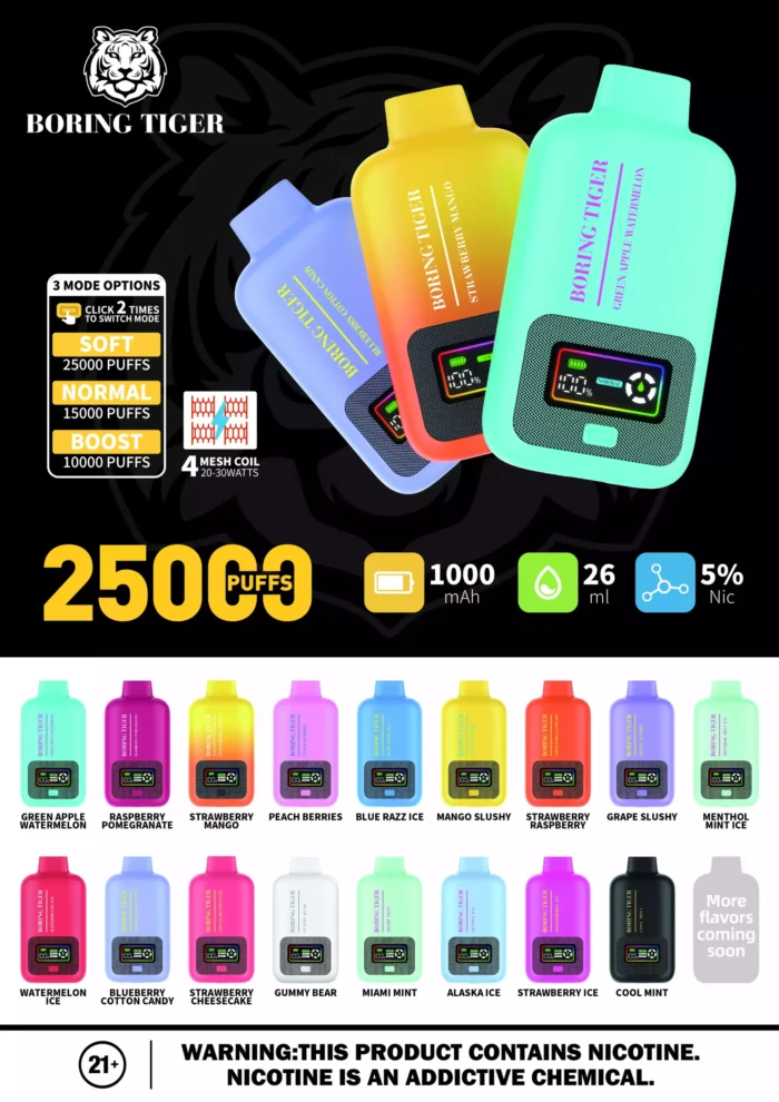 VASY Boring Tiger 25000 Puffs The Ultimate Disposable Vape with 50mg Nicotine and 17 Flavor Options