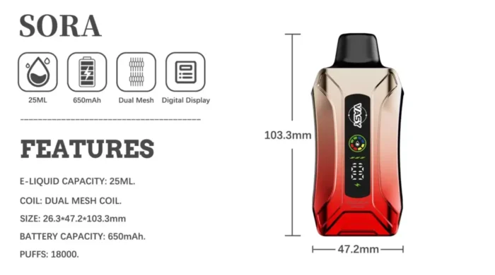VASY SORA 18000 Puffs The Best Disposable Vape with 1.0ohm Double Mesh Coil