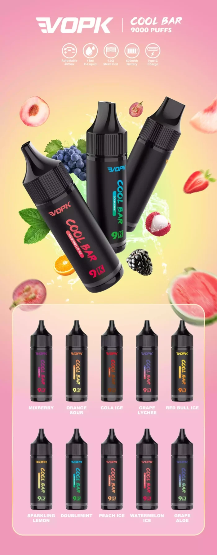 VOPK COOL BAR 9000 Puffs Enjoy Smooth Vaping with Mesh Coil and 15ML Capacity