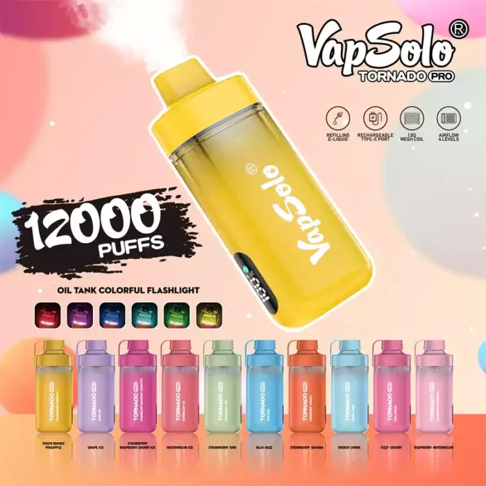 Vapsolo Tornado Pro 12000 Puffs A 22ML E Liquid Capacity Disposable Vape with Mesh Coil for Superior Flavor