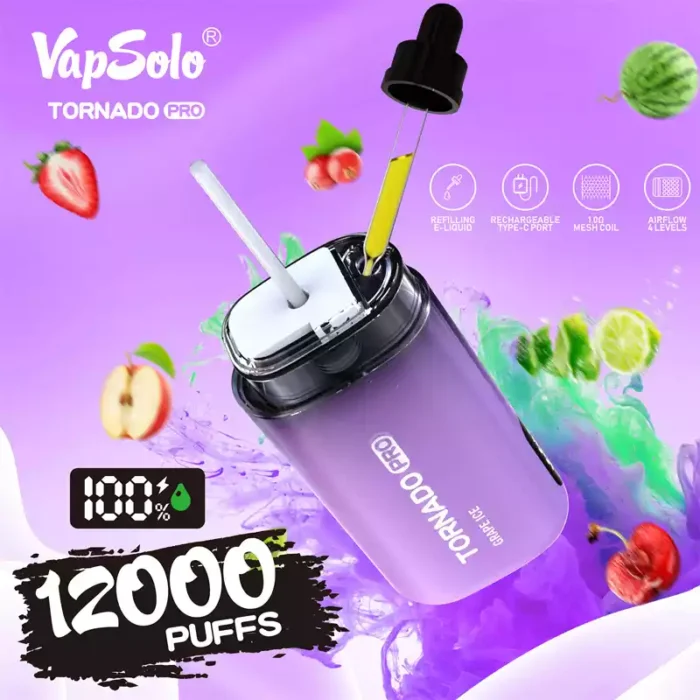 Vapsolo Tornado Pro 12000 Puffs A 22ML E Liquid Capacity Disposable Vape with Mesh Coil for Superior Flavor