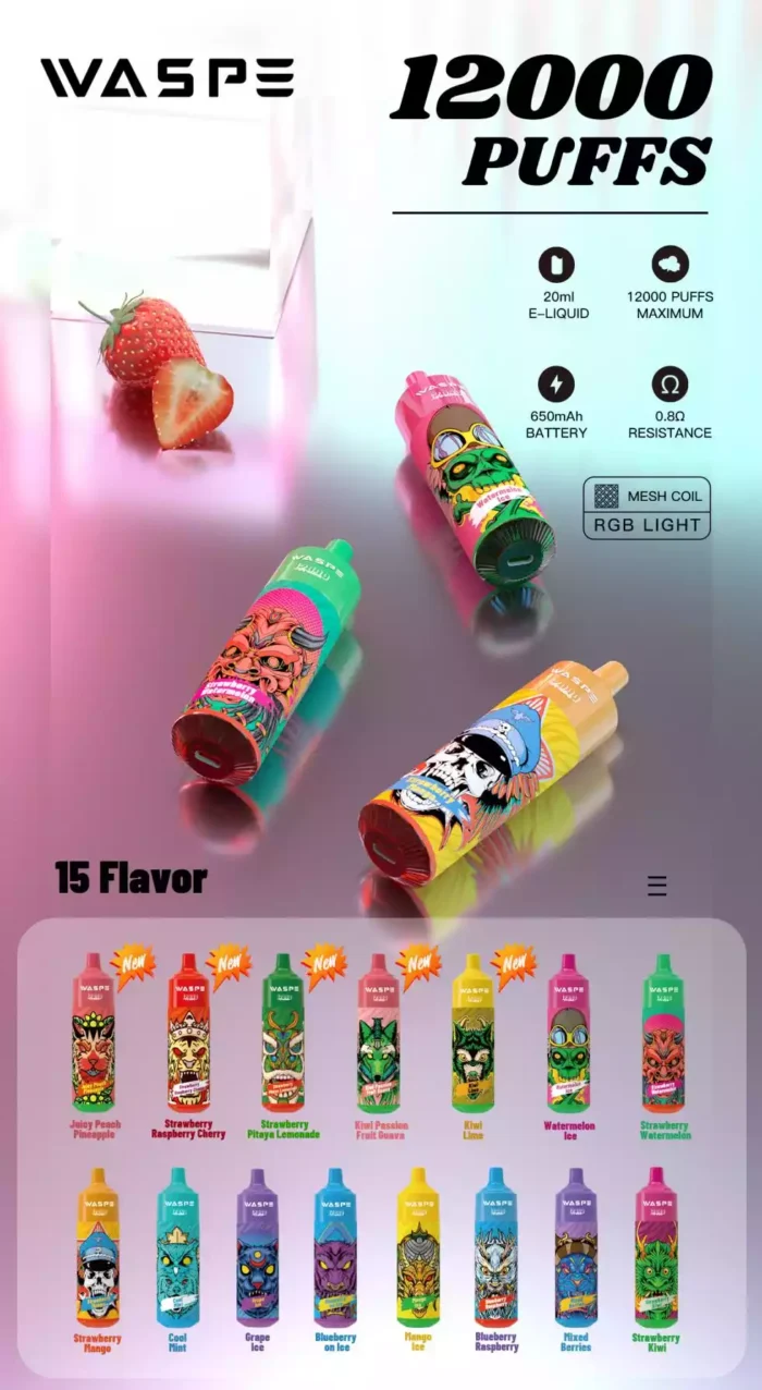 WASPE 12000 Puffs Enjoy 12000 Puffs with 20ml E Liquid and Rechargeable Type C Port