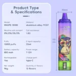 WASPE 15000 Puffs Review Een hoogwaardige wegwerpvape met opladen Type C en gaasbatterij