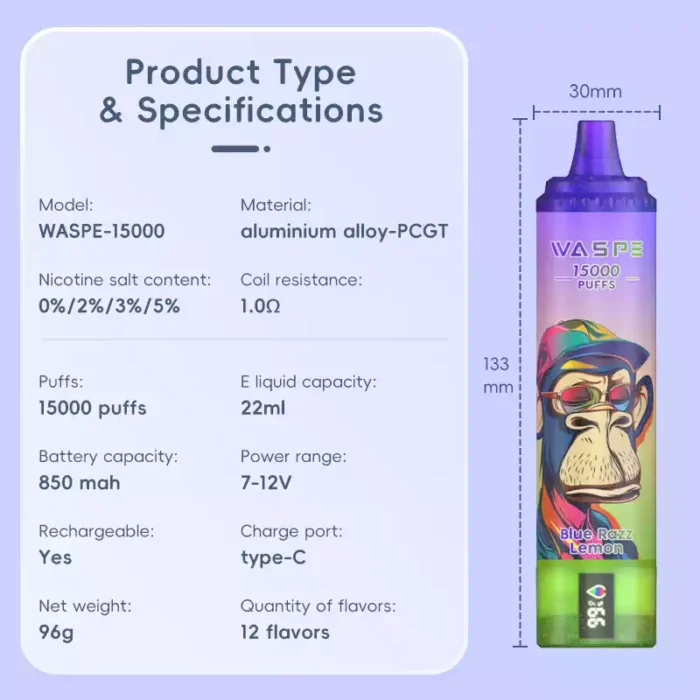 WASPE 15000 Puffs Review Een hoogwaardige wegwerpvape met opladen Type C en gaasbatterij