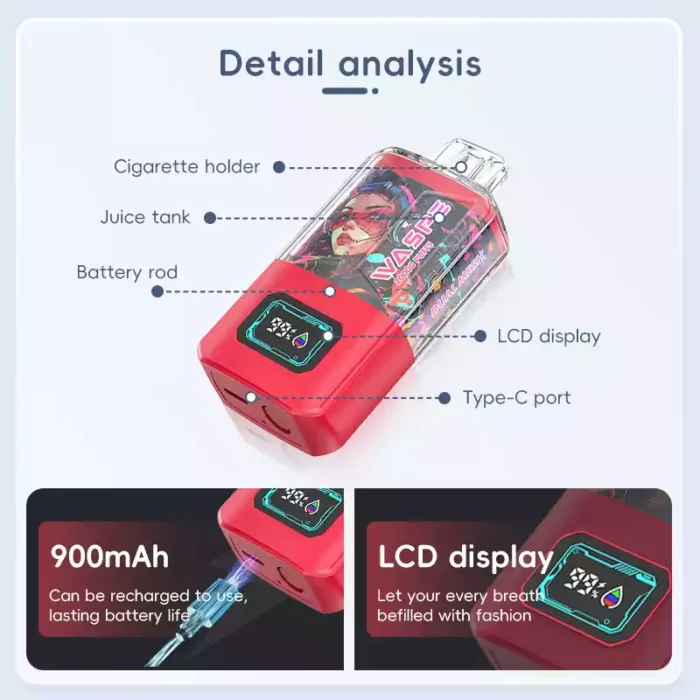 WASPE Dual Mesh Box 20000 Puffs Vape de larga duración con capacidad de 24ml y batería recargable de 900mAh